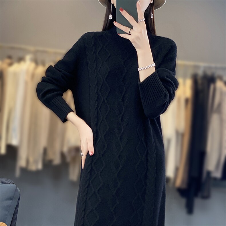 时尚显瘦半高领毛衣裙女秋冬季新款宽松长袖针织连衣裙气质百搭,女装连衣裙,暖思雅