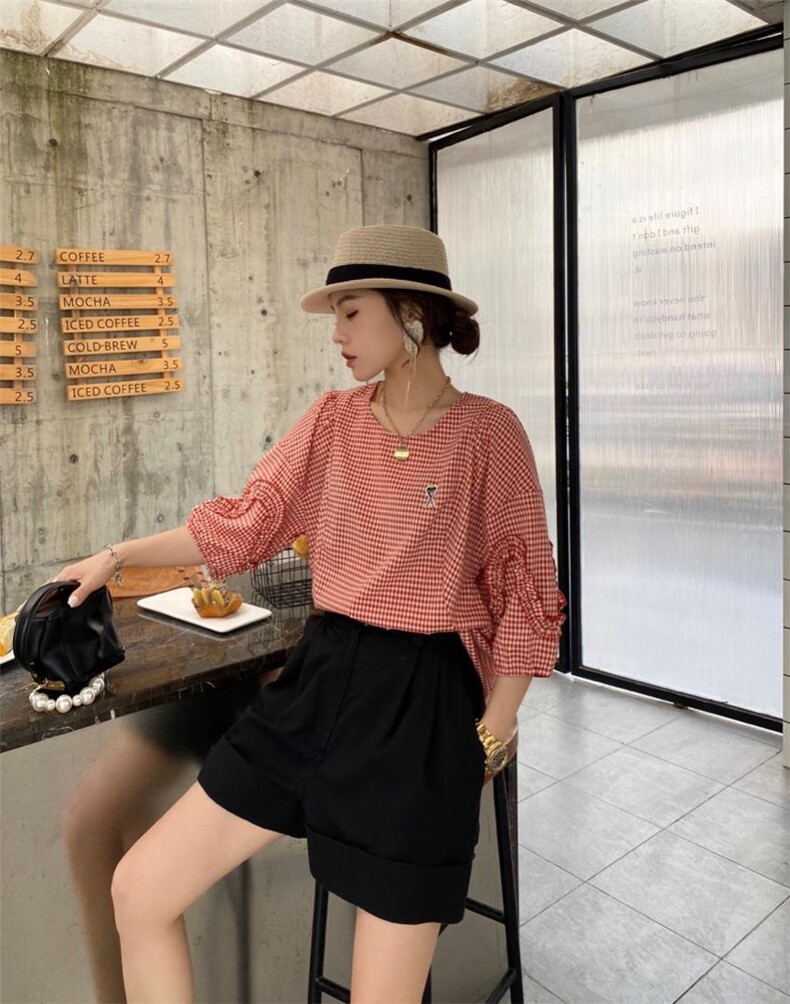 【现货】夏季新款格子花边七分袖时尚休闲薄款上衣，女装，微迪菲