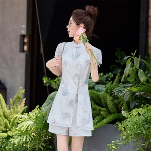 新中式套装女夏季2025新款洋气国风年轻款改良旗袍刺绣短裤两件套图片