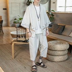 A611P75咖啡厅2024夏装新款七分袖七分裤风绣花汉服套装，男装T恤，电商A026
