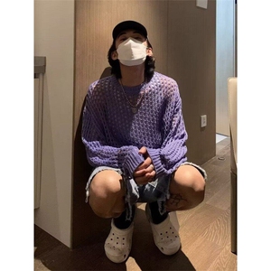 镂空针织卫衣男高级感透视宽松长袖t恤慵懒风防晒罩衫外套 MZ76图片