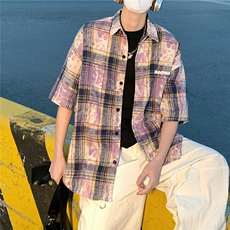 2026夏美式扎染刺绣格子短袖衬衫衬衣五分袖CS1805/特P35紫色6，男装衬衫，电商A094