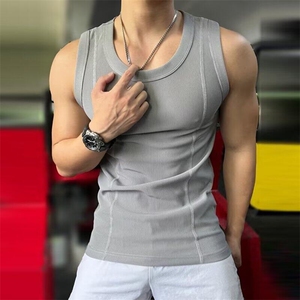 灰色粗螺纹坎肩背心男款收腰修身显肌肉无袖T恤美式健身运动汗衫图片