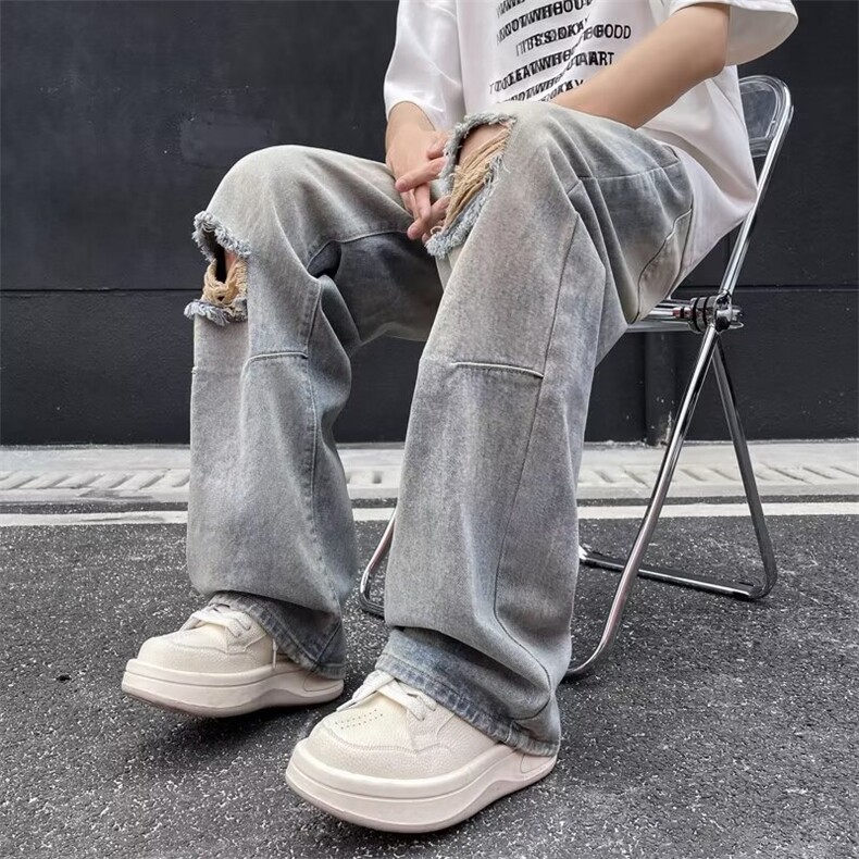美式高街水洗复古直筒破洞牛仔裤ins潮流夏季新款Q7270-P45,男装牛仔裤,星座1109-3