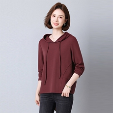 2025年秋季宽松型针织常规长袖纯色套头卫衣长袖T恤，女装T恤，秋牧寒烟