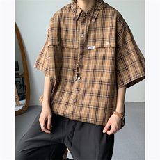 夏季日系复古CityBoy格子短袖衬衫男宽松休闲衬衣外套C1011-p35，男装衬衫，星座1008