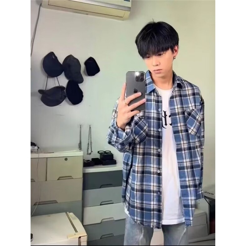 CS08-P33 日系少年感毛边格子衬衫男春秋新款潮牌百搭图片