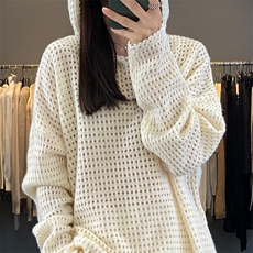 2025秋冬百搭时尚简约镂空圆领带帽衫羊毛衫，女装羊毛衫，浙麦羊绒