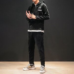 703-TZ172日系男士套装双面金丝绒拼灯芯绒大码加绒冲锋卫衣图片