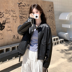 复古黑色短款皮衣外套女2025秋季高级感小个子休闲酷飒风机车夹克图片