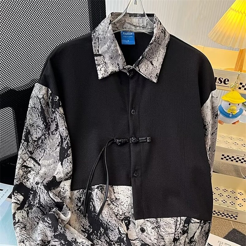 新中式风秋款男假两件衬衫水墨画扎染拼色盘扣衬衫CS800P45,男装衬衫,星座1013-1