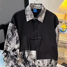 新中式风秋款男假两件衬衫水墨画扎染拼色盘扣衬衫CS800P45，男装衬衫，星座1013-1