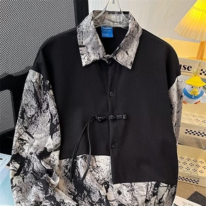 新中式风秋款男假两件衬衫水墨画扎染拼色盘扣衬衫CS800 P45图片