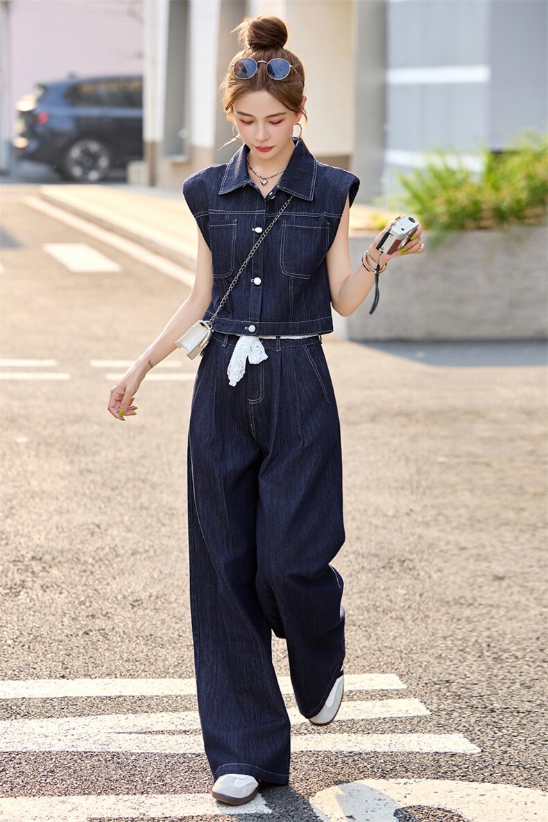 天丝牛仔套装女2025夏季新款薄款蕾丝拼接短袖上衣阔腿长裤两件套,女装套装/套裙,瑶迪依秀