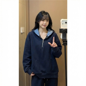 学院清新格子帽半拉链卫衣舒适通勤简约时尚外套HY922TP48控89图片