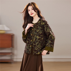 冬季新款加厚棉衣新中式圆领风铃盘扣拼接丝绒款宽松气质外套女，女装棉衣/棉服，宝儿家