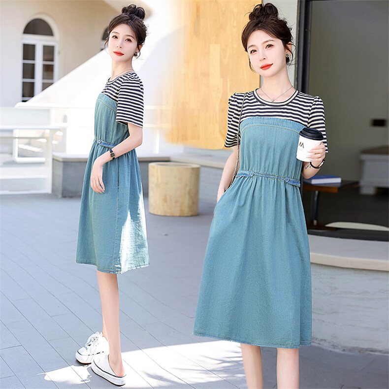 牛仔连衣裙女夏新款2023新款时尚洋气拼接减龄小个子条纹裙子现货，女装连衣裙，一安秀
