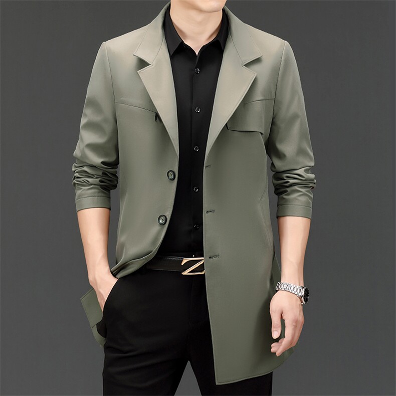 秋季中长款纯色潮流风衣中青年男士西服领休闲外套AJY9666-P175，男装风衣，电商B212（原钱塘6029）