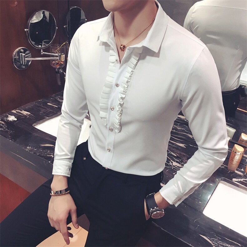 YC027-2021潮男花边装饰韩版修身长袖衬衣夜店酒吧理发师衬衫P40,男装衬衫,星座717A