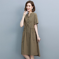 夏季亚麻连衣裙女2025新款中年妈妈薄款中长款宽松气质显瘦棉麻裙，女装连衣裙，靓衣阁