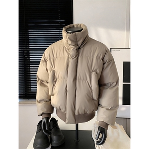 现货5W件冬季三防重磅硬挺boxy短款羽绒立领PU皮棉衣外套加厚棉服图片