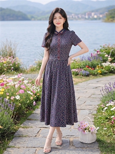 田园风碎花刺绣连衣裙女春夏收腰显瘦中长裙图片