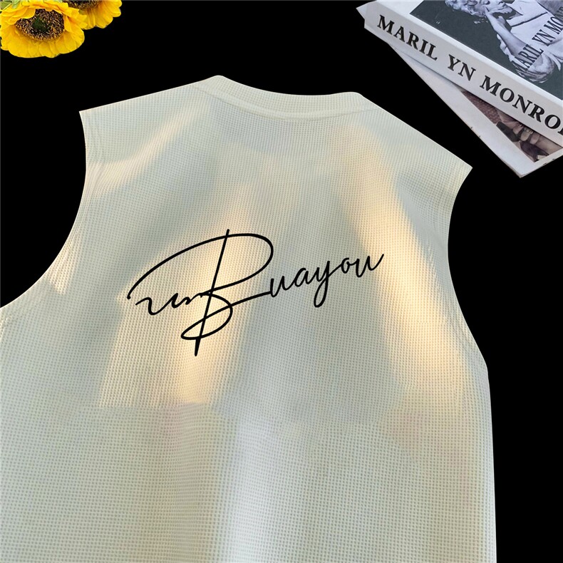 华夫格背心直播高品质重磅220克手写英文印花HB7158-P25控38，男装背心/马甲，星座508（原C305）