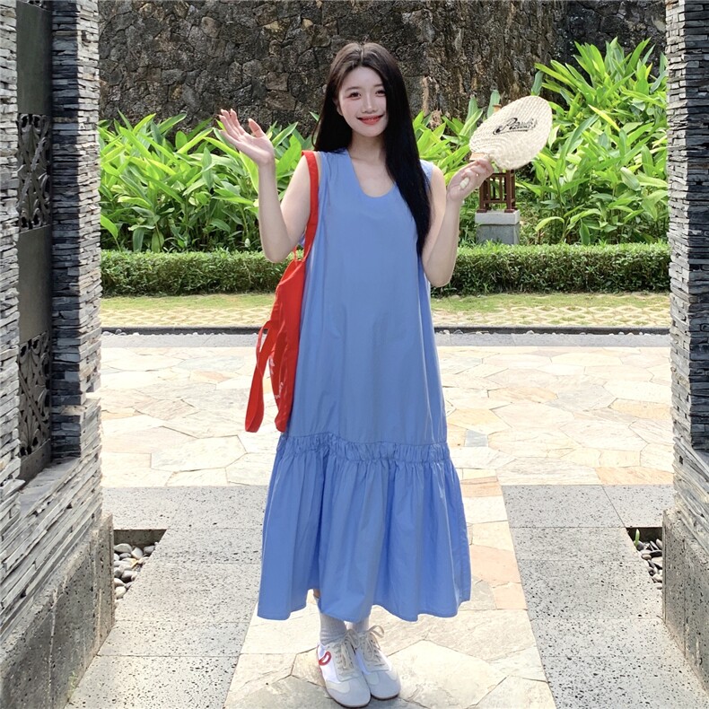 夏日2025新款独特漂亮长裙巨好看漂亮宽松休闲蓝色无袖背心连衣裙,女装连衣裙,2C135