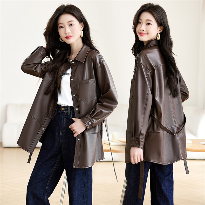 皮衣外套女2025开春新款高级感超火欧货休闲中长款棕色衬衫领夹克,女装皮衣,贵人树
