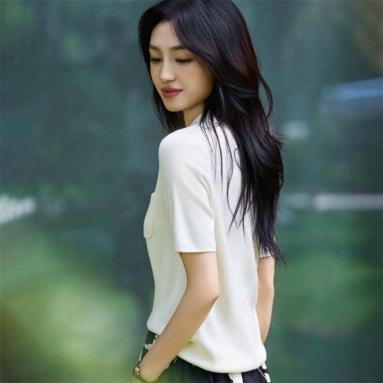 法式polo领精纺毛针织短袖T恤女2025新半袖打底翻领小衫打底上衣,针织衫/毛衣,暖烁羊绒