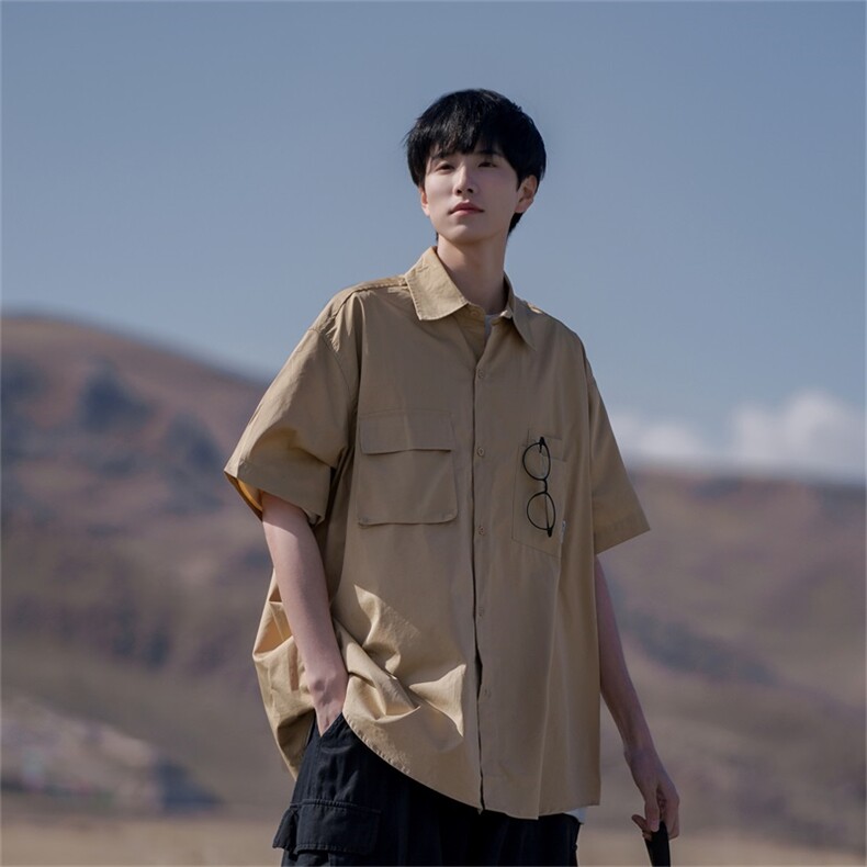 B225-C6089-P58-X75夏装男士短袖衬衫日系复古工装潮流小众少年感,男装T恤,电商B225