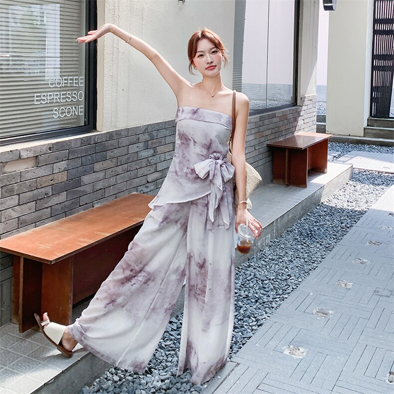 法式浪漫风气质晕染抹胸上衣阔腿裤套装女2025新高级设计感两件套,女装套装/套裙,2D078