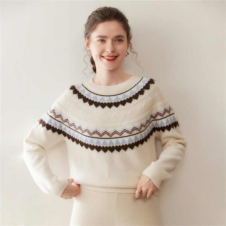 时尚气质撞色山羊绒衫女轻奢宽松毛衣2025秋冬新款保暖羊毛衫白色，女装针织衫/毛衣，绒盛美羊绒