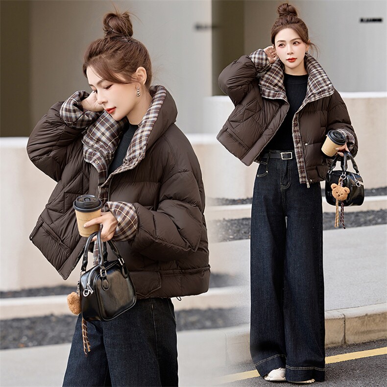 短款羽绒服女2024冬季新款小个子高级感超好看洋气拼接格子面包服,女装羽绒服,艾尚靓装