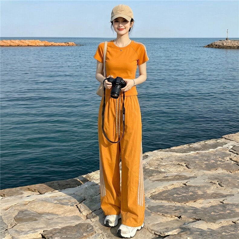 高级感时尚休闲套装女夏季新款高级感圆领短袖上衣束脚长裤两件套,女装套装/套裙,江南