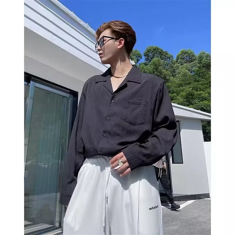 男气质青春流行纯色时尚潮流夏季文艺标准ins衬衫慵懒潮长袖新款,男装衬衫,星座715-4