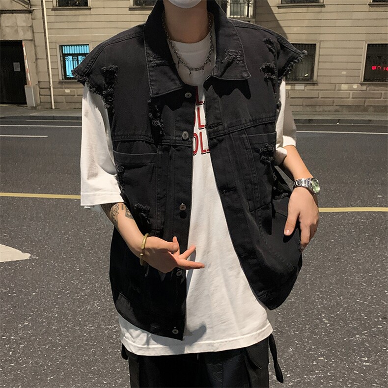 秋款男牛仔马甲破洞流苏背心牛仔无袖坎肩外套MJ605P58，男装背心/马甲，星座1013-1