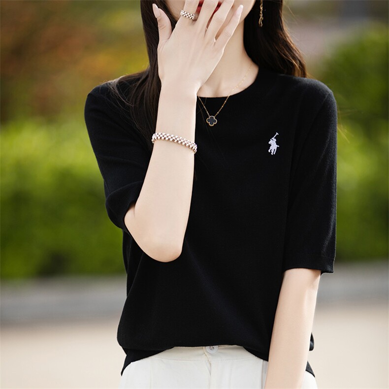 夏新款桑蚕丝羊毛短袖女圆领刺绣高级感薄款T恤宽松针织半袖上衣，女装针织衫/毛衣，片语羊绒