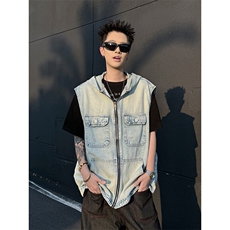 美式复古做旧连帽马甲潮流宽松休闲时尚设计感夹克，男装夹克，星座410-6（原星座1304-1）