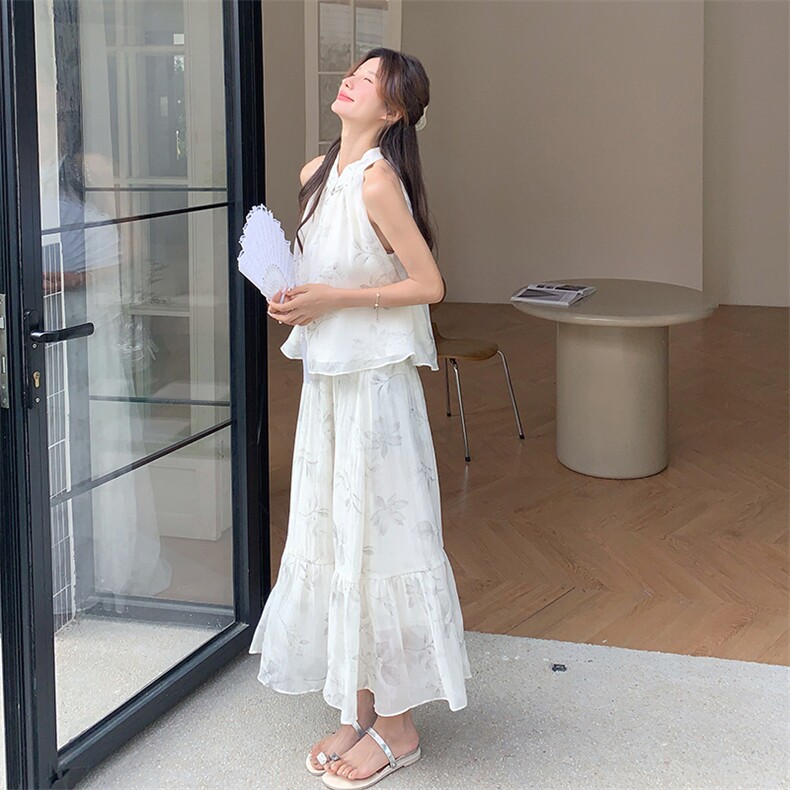 清冷白色系穿搭新中式水墨画无袖挂脖上衣薄纱半身裙松弛感两件套,女装套装/套裙,诺蝶