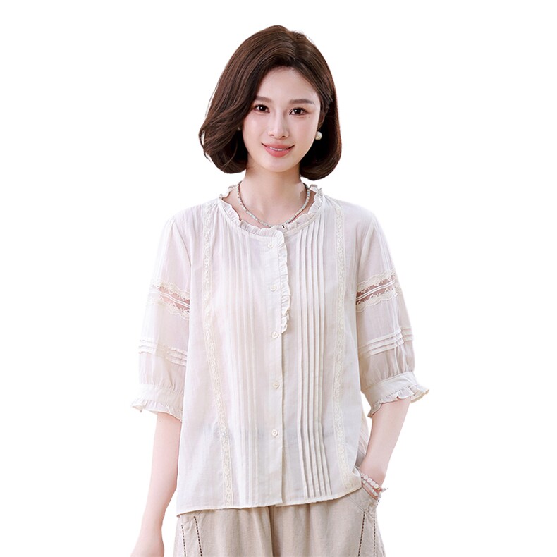 优雅蕾丝拼接宽松显瘦短袖衬衫女夏季新款甜美百搭上衣,女装衬衫,叶笙衣