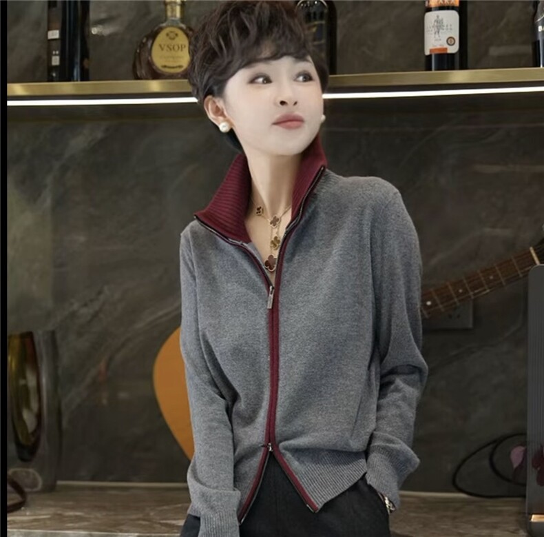 2025年秋季时尚百搭通勤简约休闲同款拼色拉链开衫，女装羊毛衫，晨旭羊绒