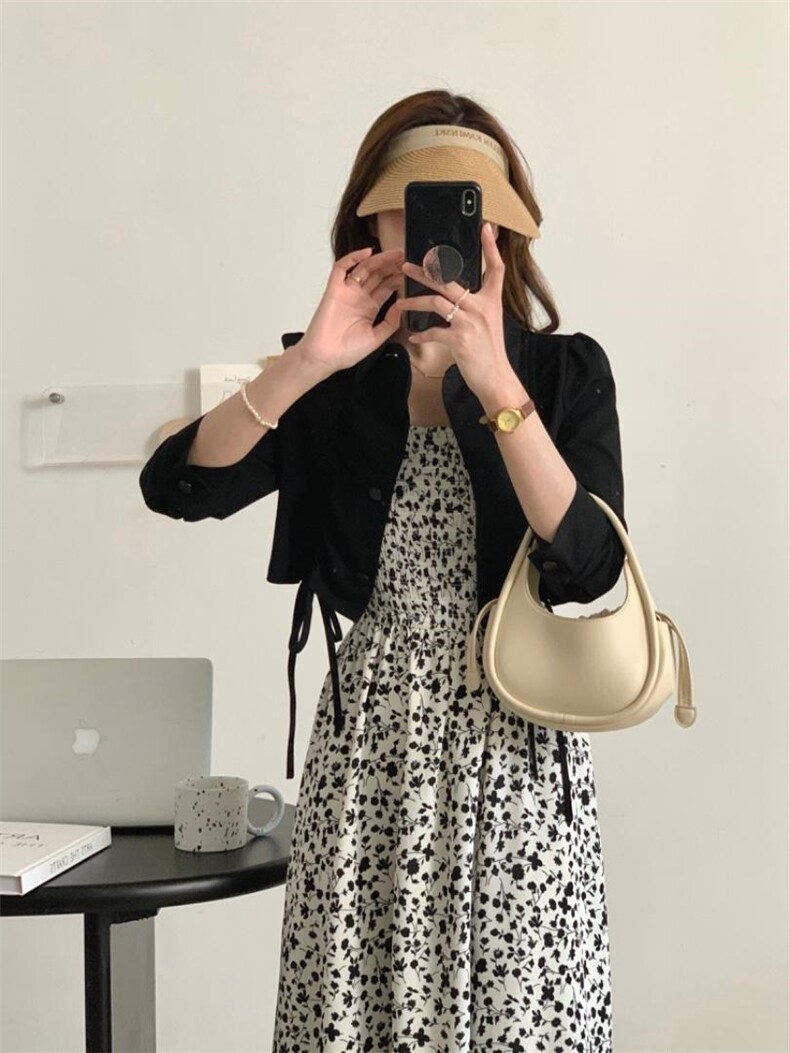 春款水洗外套吊带碎花裙两件套套装，女装背心吊带，佳其