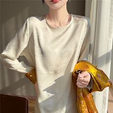 新年装缎面提花新中式袖口刺绣小衫，女装蕾丝衫/雪纺衫，圣丽羊绒