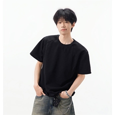 美式拼接速干小领口短袖T恤男夏季潮牌cleanfit宽松痞帅半袖体恤，男装T恤，电商C216