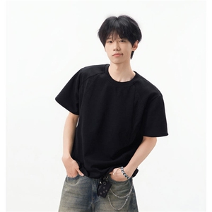 美式拼接速干小领口短袖T恤男夏季潮牌cleanfit宽松痞帅半袖体恤图片