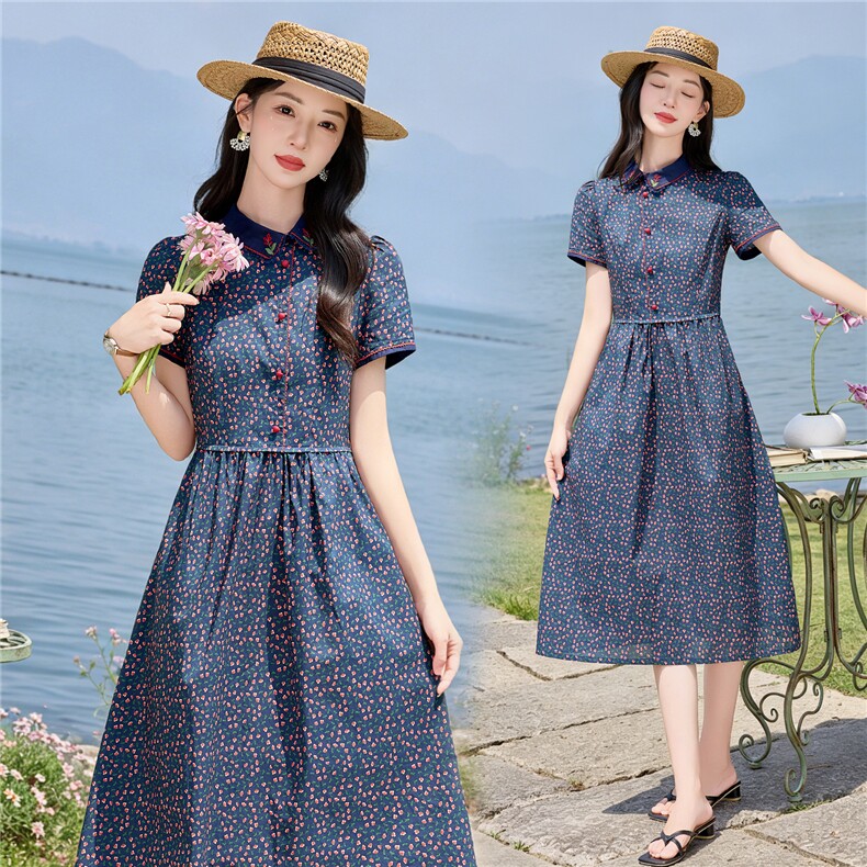 田园风斜领碎花刺绣连衣裙女春夏收腰显瘦中长裙（细节图颜色为）,女装连衣裙,水衣源