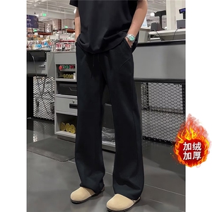 春秋冬季重磅直筒加绒卫裤男士款潮牌美式宽松运动休闲长裤子图片