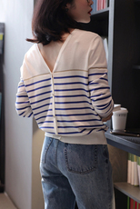 秋季新款莱赛尔天丝干爽两面穿条纹针织衫V领开衫，女装针织衫/毛衣，湘姗