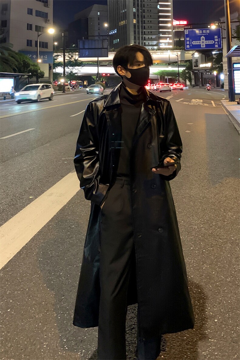 秋季新款中长款高级痞帅PU皮风衣男英伦风大衣-A1129P108控158,男装风衣,电商B241